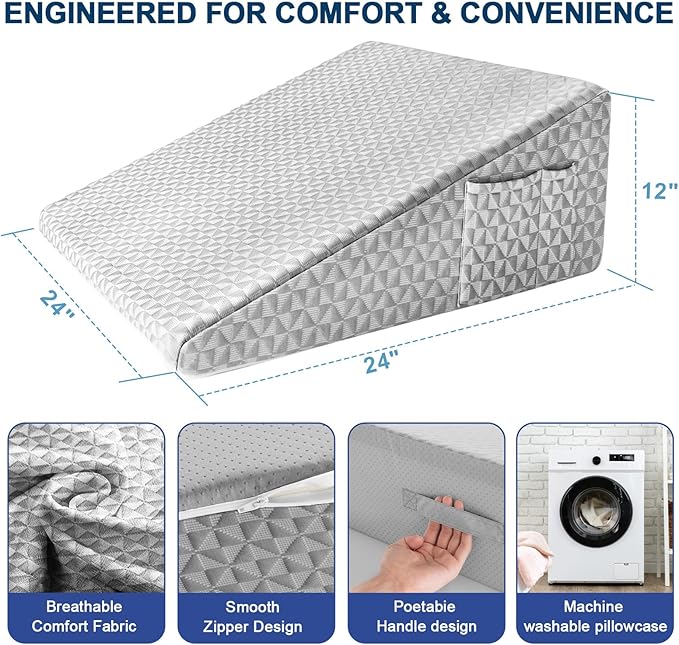 12" Wedge Pillow for Sleeping, Bed Wedge After Surgery, Back Pain Relief, Memory Foam Pillow Triangle Incline Wedge for Back Support, Leg Elevation (Light Grey)