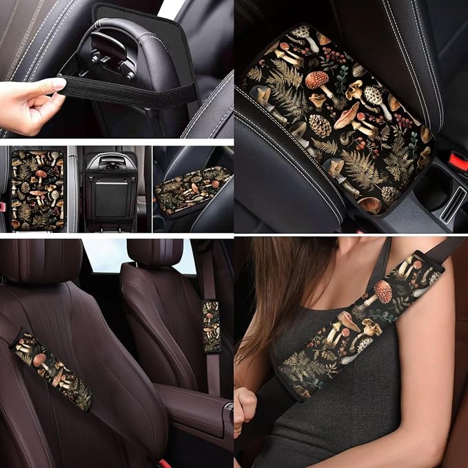 Mumeson 3D Mushroom Pattern Car Seat with Steering Wheel Covers Non-Slip + Seat Belt Strap Pads Cushion Shoulder Pad +Car Armrest Cushion Pad Universal Fit Truck SUVs Most Vehicle
