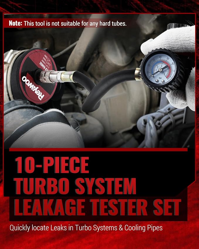 Reywoo Turbo Boost Leak Tester Kit, 10pc Turbo System Leakage Tester Set with 4 Pairs of Stepped Adapters 1-3/8" to 3-1/2", Turbo Pressure Leakage Tester for Cooling Emissions Exhaust Pipes