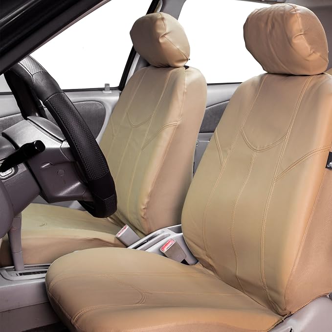 FH Group Automotive Seat Cover Protector Universal Fit Full Set Rome PU Leather Beige - Airbag Compatible and Split Bench Seat Covers for Cars Trucks SUV Combo Vinyl Floor Mats Interior Accessories
