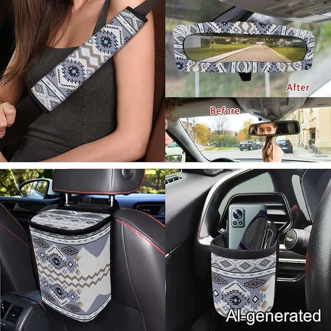 Dreaweet Tribal Navajo Car Seat Covers Full Set Grey Native American Steering Wheel Cover Seat Belt Pads Trash Bag Air Vent Storage Pouch Rea rview Mirror Cover Coaster Keychain,15 Pcs,Universal Fit