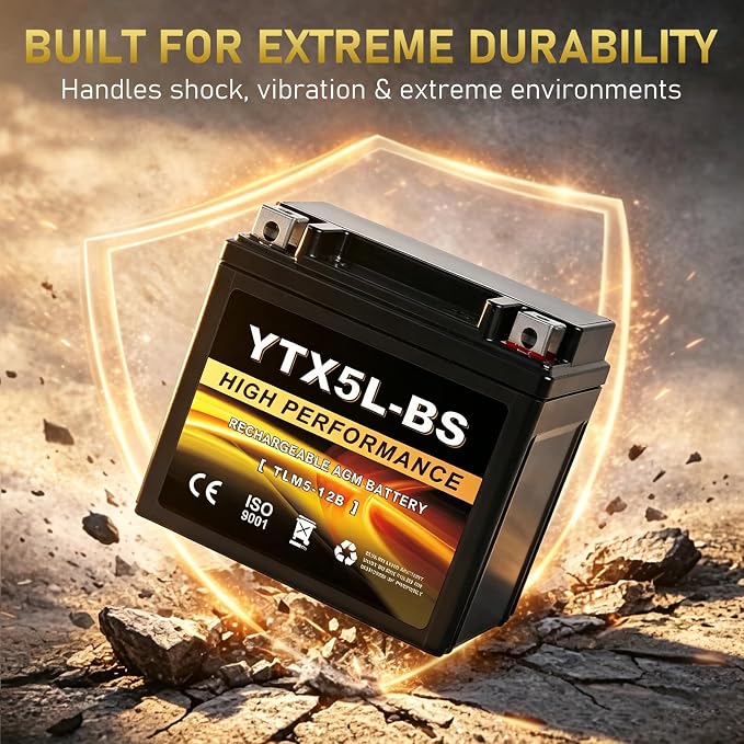 YTX5L-BS 12V 4Ah AGM Sealed Motorcycle Battery, Maintenance-Free, Compatible with Honda YUASA Yamaha ETX5L-BS Batteries