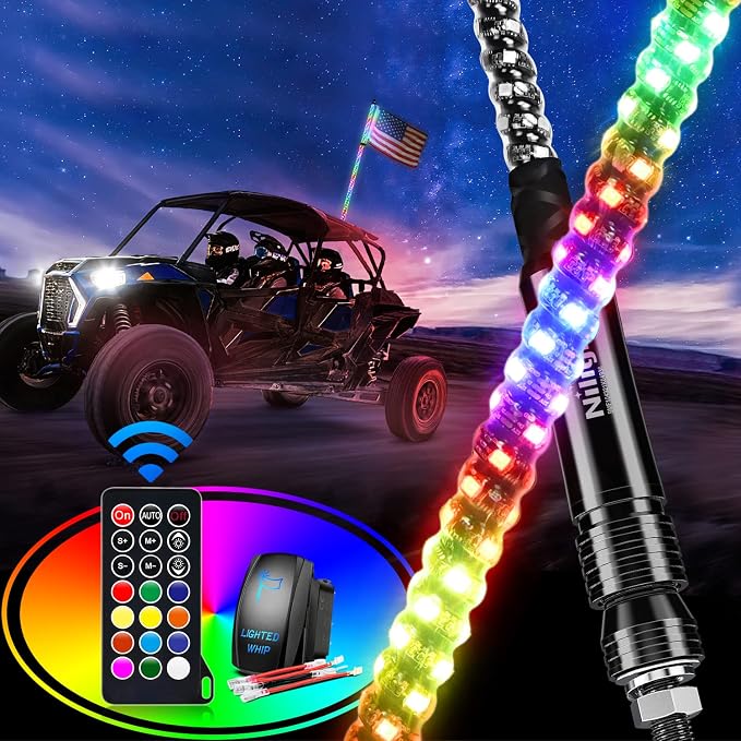 Nilight 1PC 2FT Spiral RGB Led Whip Light w/RGB Chasing/Dancing Lights RF Remote Control Lighted Antenna Whips for Can-am ATV UTV RZR Polaris Dune Buggy 4-Wheeler Offroad Truck