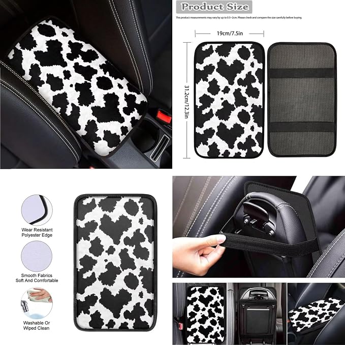 8 Pcs Cow Print Car Interior Accessories Set for Women, Car Seat Covers with Steering Wheel Cover Shoulder Pads Auto Center Console Pad, Automotive Decorations