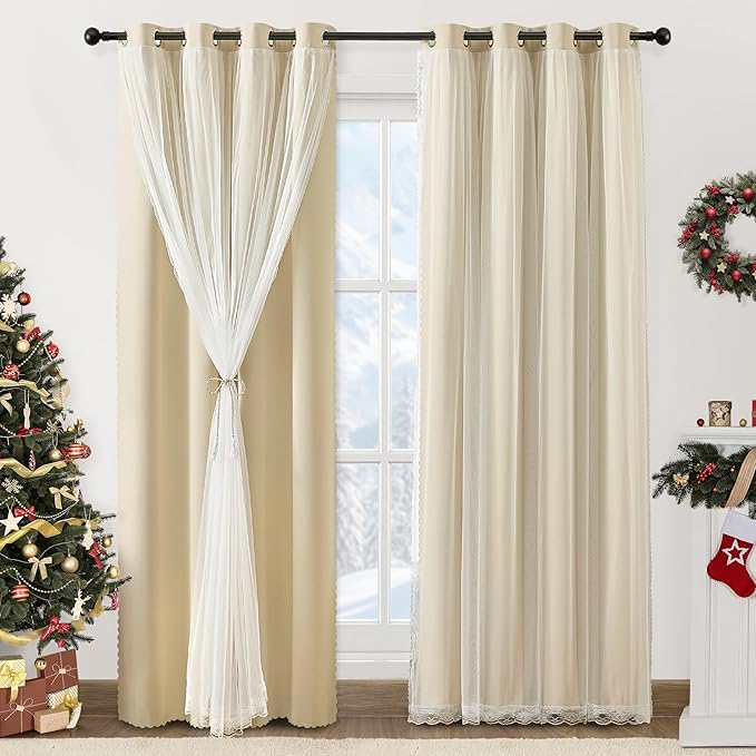 XiDi Beige Double Layer Curtains with Sheer Overlay for Girls Bedroom Living Room 2 Panels Beige Blackout Curtains 96 Inches Long for Kid Nursery Room Decor Thermal Insulated Grommet Drapes W34 x L96
