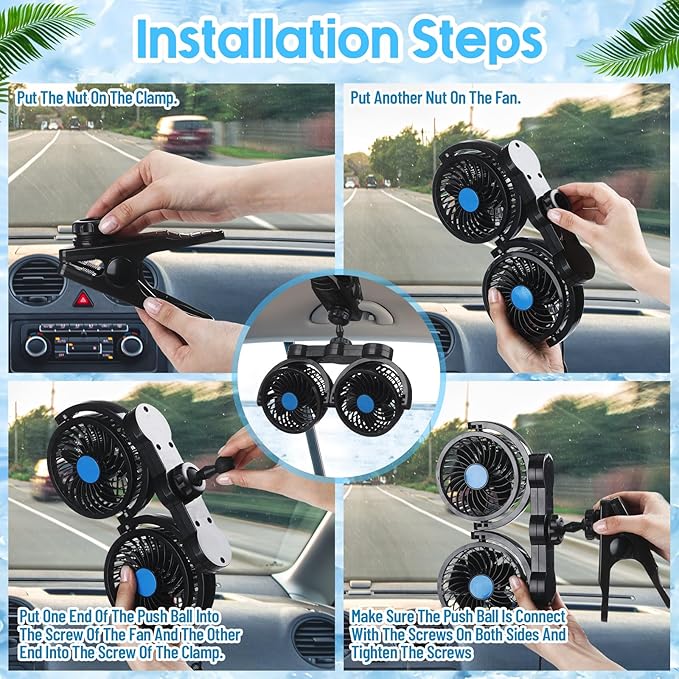 Tujoe 2 Sets 12v Car Fan Adjustable Dual Head Fan for Front Rear Seat 360° Rotatable Car Clip Fan Cooling Car Seat Fan with Stepless Speed Regulation and Cigarette Lighter Plug for Vehicles Suv Rv