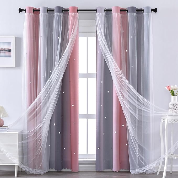 XiDi Pink and Grey Star Blackout Curtains for Girls Bedroom 63 Inch Length 2 Panels, Room Darkening Thermal Insulated Grommet Window Drapes for Kids Nursery Room Home Decro Ombre Pink Grey 34W x 63L