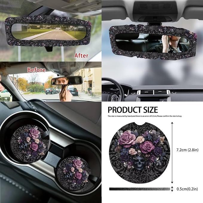 Rose Skull Print Full Set Car Seat Covers with Accessories Includes Steering Wheel Cover Center Console Pad Safety Belt Pads Inside Rearview Mirror Cover Garbage Bag Coasters