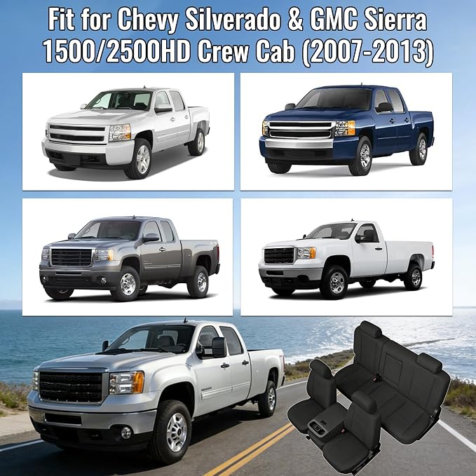 Seat Covers for Chevy Silverado & GMC Sierra 1500/2500HD 2007-2013 Heavy Duty Cloth Protector Interior Accessories，Waterproof & Machine Washable-Black (Front & Rear)