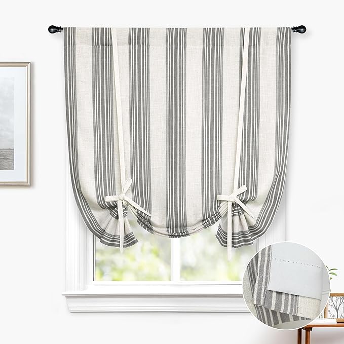 DriftAway Chris Double Layer Linen Blackout Tie Up Curtains Thermal Insulated Fully Lined Vertical Striped Balloon Roman Shade Bathroom Window Adjustable Rod Pocket 45 Inch by 63 Inch Gray