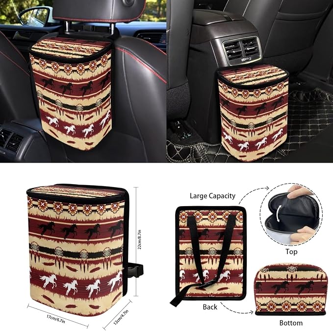 Aztec Horse Car Seat Covers Set of 15 with Universal Steering Wheel Cover, Rearview Mirror Cover, Car Trash Can, Seatbelt Pads, Cup Holder Coasters, Keychains