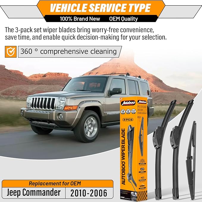 AUTOBOO 18"+18" Windshield Wipers with 14" Rear Wiper Blade Replacement for Jeep Commander 2006 2007 2008 2009 2010 -Original Factory Quality (Pack of 3)