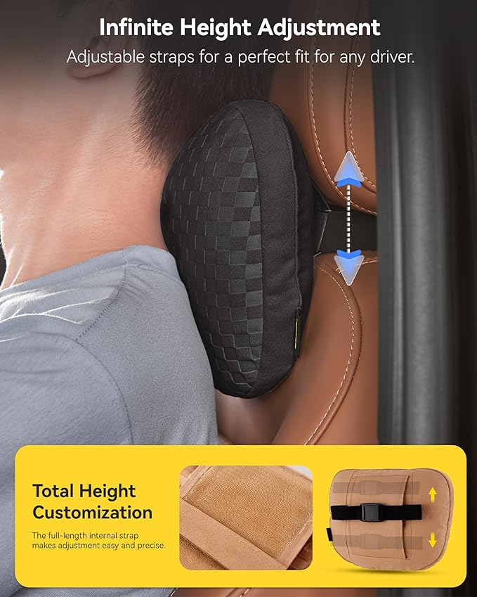 3W Lumbar Pillow for Car, Bid-Fleece Filling, Breathable & Washable Suede Cover, Support for Car Seat Cushion, Lower Back Support Fits Most Cars(Black)