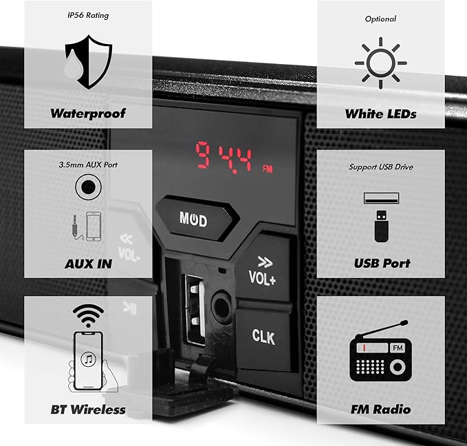 GoHawk Motorcycle Speakers Bluetooth - Built-in Amplifier Waterproof Radio Audio System, AUX/FM Radio/USB MP3 Player with LED Lights for Harley, Dirt Bike, UTV, ATV