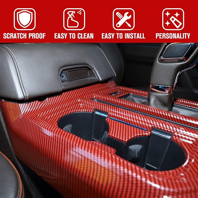 JeCar Center Console Gear Shift Cup Holder Panel Cover Trim Decoration Frame for 2015-2020 Ford F150 (Red Carbon Fiber)