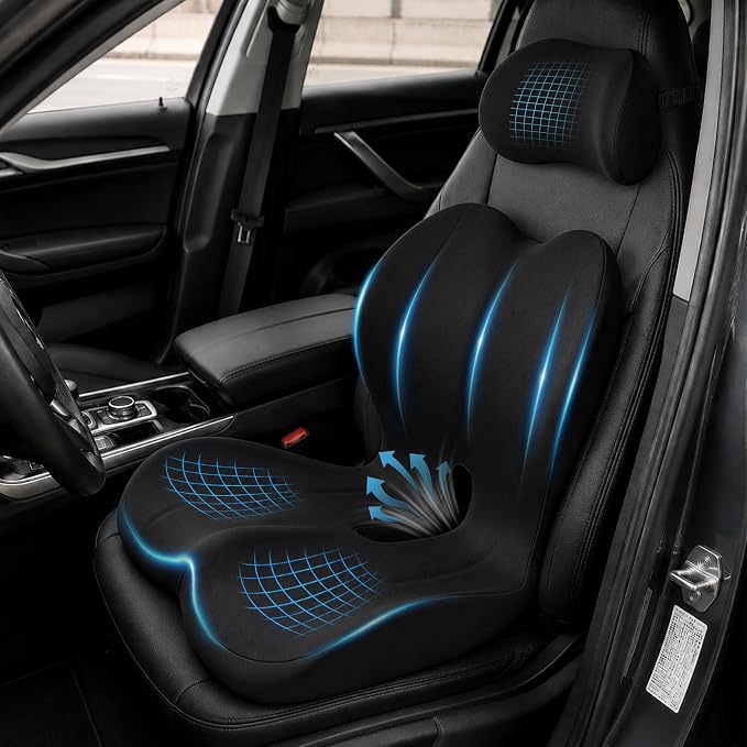 Truck Seat Cushion and Headrest Set for Long Driving - Memory Foam Car Seat Driver Cushion for Tailbone, Back & Sciatica Pain Relief, Ergonomic Lumbar Support for Semi Truck - Black