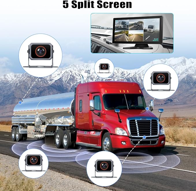 Vehicle Backup Camera for Trucks Pickups Bus Trailers Caravans 10.36-inch IPS HD Screen DVR Recording Reverse Monitor 5 Split Screen Waterproof Night Vision Stable Signal DIY Parking Lines
