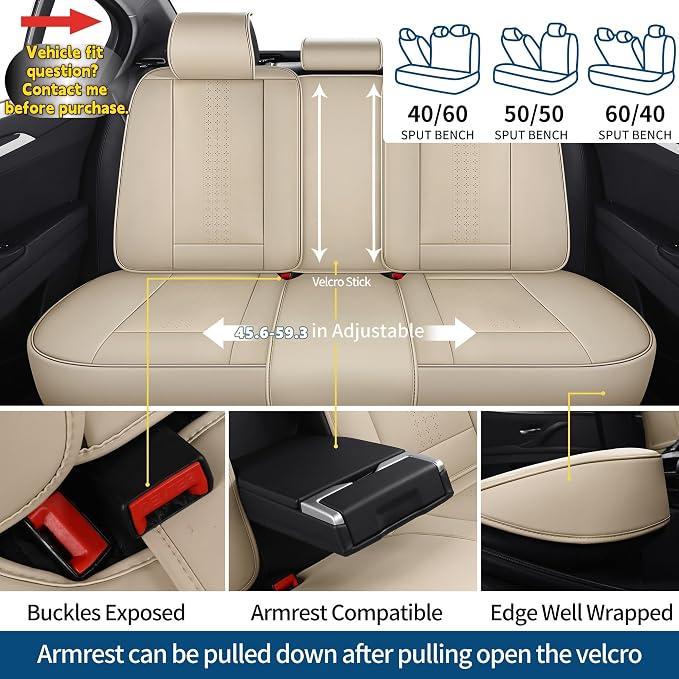 Car Seat Covers Full Set, Beige Leather Seat Covers, Breathable Front and Back Car Seat Protectors, Wear-Resistant Seat Covers Universal Fit for Most Cars SUV Truck (Beige-Solid, Full Set)