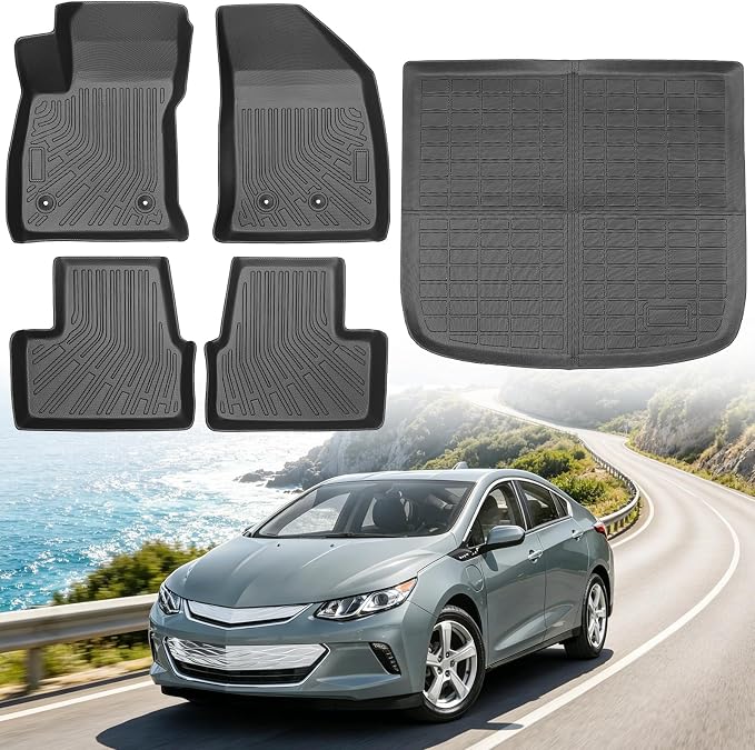 Floor Mats for Chevrolet Chevy Volt Gas & PHEV 2016-2019, Heavy Duty TPE All Weather Protection, Waterproof Non-Slip Black Car Liners (Two-Row Floor Mats & Cargo Liner)