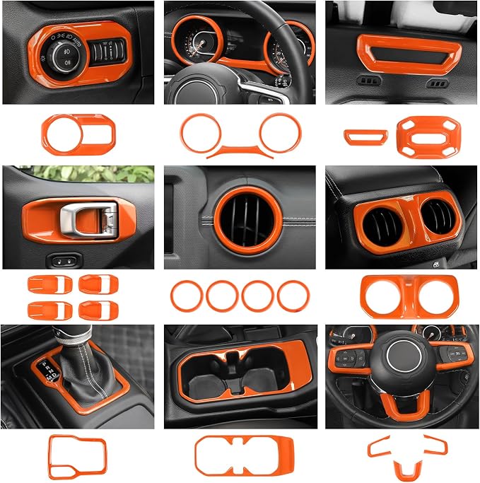 23PCS Full Set Interior Decor Trim Kits Fit for 2018-2023 Jeep Wrangler JL JLU & Gladiator JT 4Door Dashboard Cup Holder Headlight Switch Gear Shift Roof Speaker Map Light Inner Door Bowl Trim