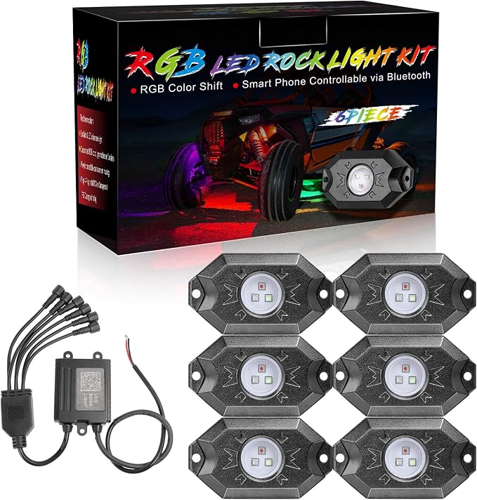 RGB Rock Light Kits, Niking Auto 6 Pods RGB LED Rock Lights Pods with Bluetooth Controller Timing Music Modes Multicolor Neon LED Lights Underglow Trail Rig Lights for Off Road UTV Trucks SUV ATV Boat