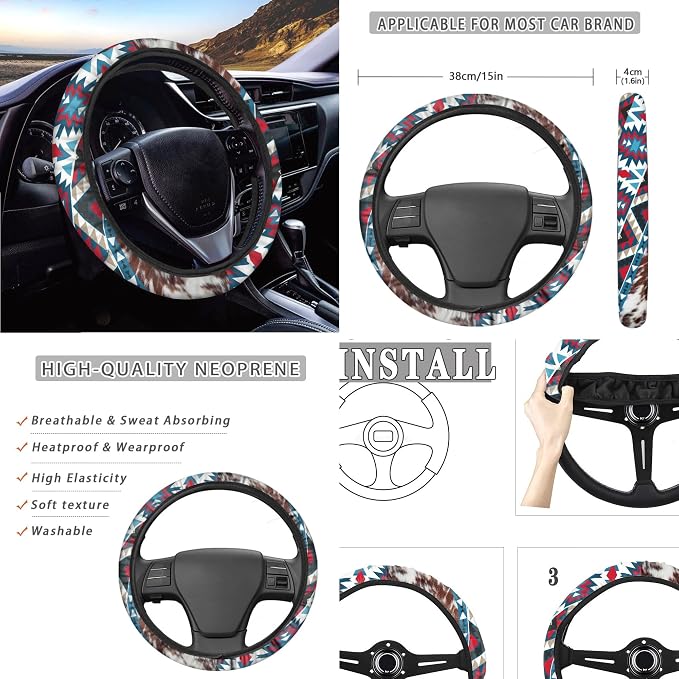 Aztec Seat Covers Full Set with Western Steering Wheel Cover, Shoulder Pads, Cow Print Seat Covers Car Accessories Universal Fit for Most Cars Truck, Red and Blue