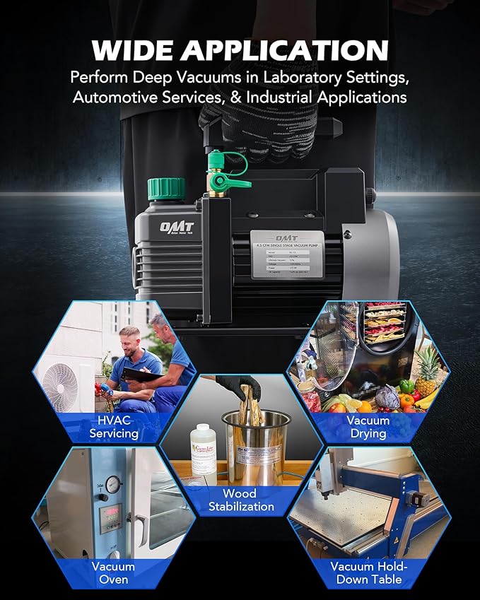 Orion Motor Tech Vacuum Pump, 4.5 cfm 1/3 hp HVAC Single Stage Vacuum Pump for R12 R22 R134a R410a R502, Auto AC Vacuum Pump Kit for Automotive Air Conditioner Resin Degassing & More, Oil Included