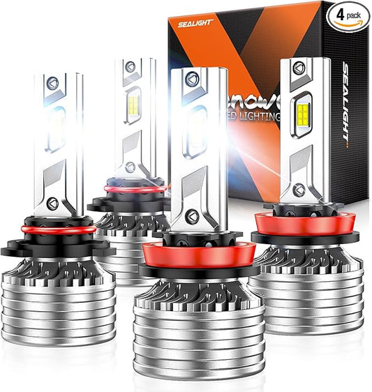 SEALIGHT 9005/HB3 H9/H8/𝐇𝟏𝟏 LED Fog Bulbs, 140000LM Brightness, 6500K Cool White, IP68 Waterproof Headlight Bulbs with Cooling Fan & Double Copper Tube, Automotive Replacement Bulbs, Pack of 4
