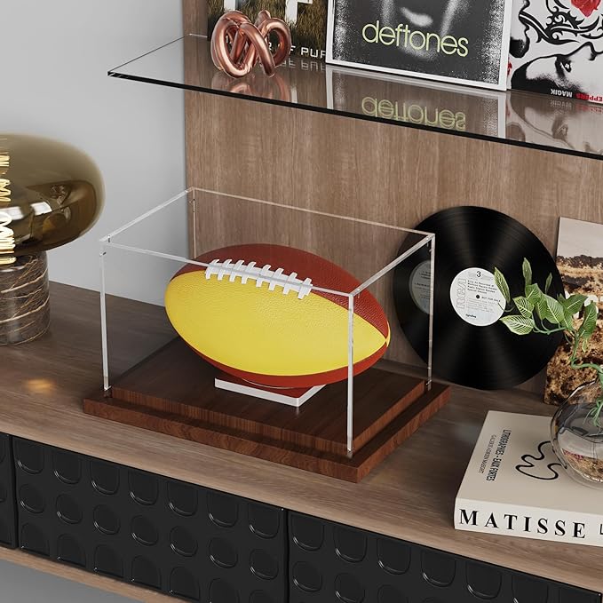 VGMiu Football Display Case with Wood Base, Acrylic Football Case Display Clear Box with Removable Built-in Ball Holder for Autographed Footballs, Sports Collectibles, Memorabilia Displays