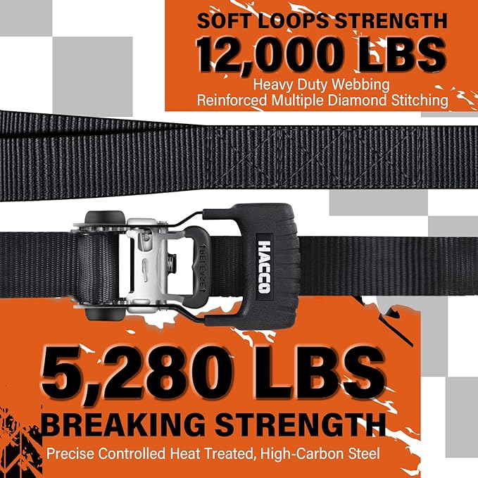 HACCOPLANET Ratchet Straps, 5280lb Break Strengeth, 1.6" Heavy Duty Ratchet Tie Down Strap Set w/Padded Handle, S Hook, Soft Loop for UTV Motorcycle Truck Cargo Straps (Black, 8FT)