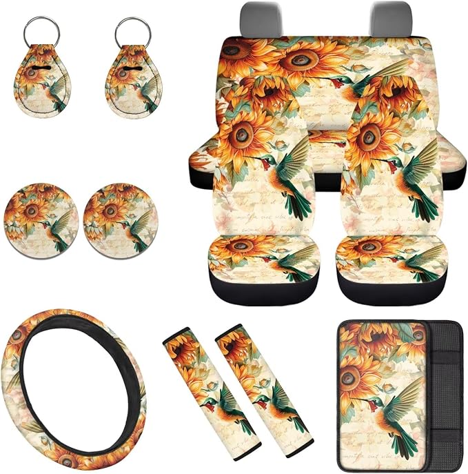 Sunflower Hummingbird 12 Pcs Car Seat Covers Full Set with Steering Wheel Cover,Seat Belt Covers Cup Holder Center Console with Keychain Universal Fit for Cars SUV