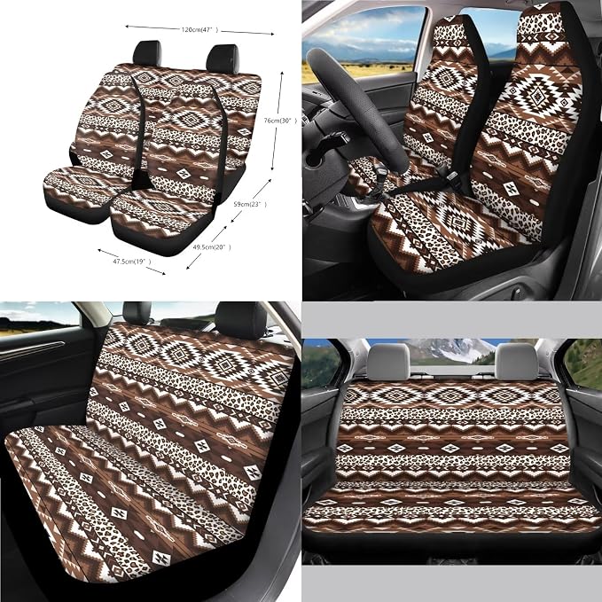 Aztec Tribal Car Seat Covers Full Set of 14 Universal Front and Rear Car Seat Covers with Steering Wheel Cover Center Console Pad Safety Belt Pads for Truck Sedan SUV, Brown