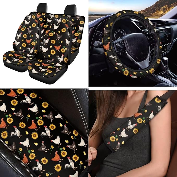 Cute Chicken Car Seat Covers Set 12 Pack with Steering Wheel Cover Auto Seat Belt Cover Cup Coasters Center Console Cover Car Accessories Universal Fit for Most Cars,SUVs