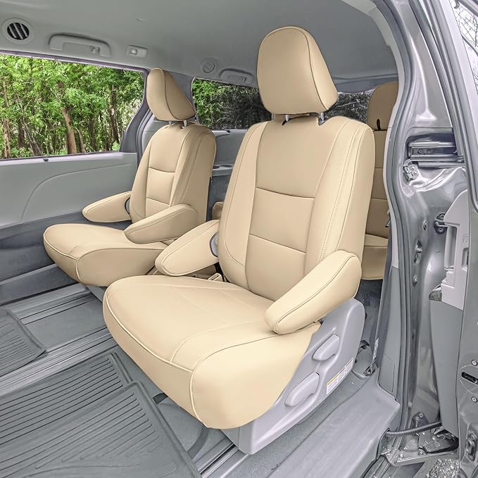 FH Group Custom Fit Car Seat Covers Specifically Made for 2011-2020 Toyota Sienna 7 Passenger, Car Seat Cover Full Set, Automotive Seat Covers in Solid Beige Faux Leather, Waterproof and Washable