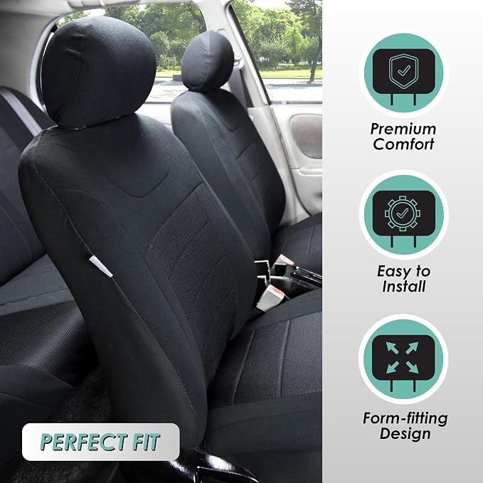 FH Group Car Seat Covers Universal Fit Full Set Interior Accessories, Sports Black Seat Covers with Airbag and Split Rear Automotive Combo Vinyl Floor Mats Seat Covers for Cars Vans Trucks and SUV