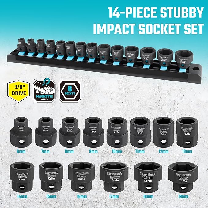 DURATECH Extra Long Flex Head Ratchet Wrench&14-Piece 3/8" Drive Stubby Impact Socket Set