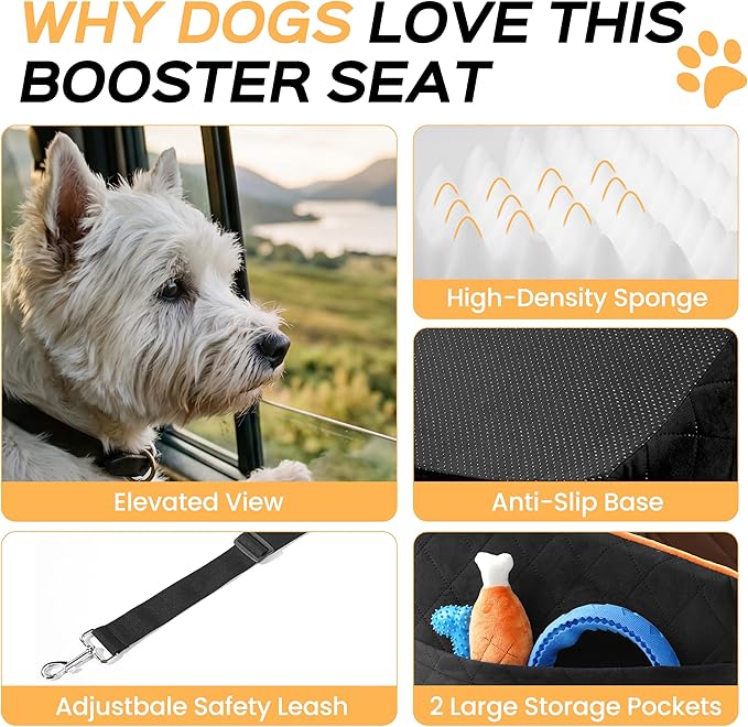 Dog Car Seat for Small Dog with Washable Mat, Memory Foam Booster Seat for Dogs Under 30lb, 6" Elevated Pet Seat with Pockets, Anti-Slip Bed for Car, Perfect for Front & Back Seats with Safety Leash