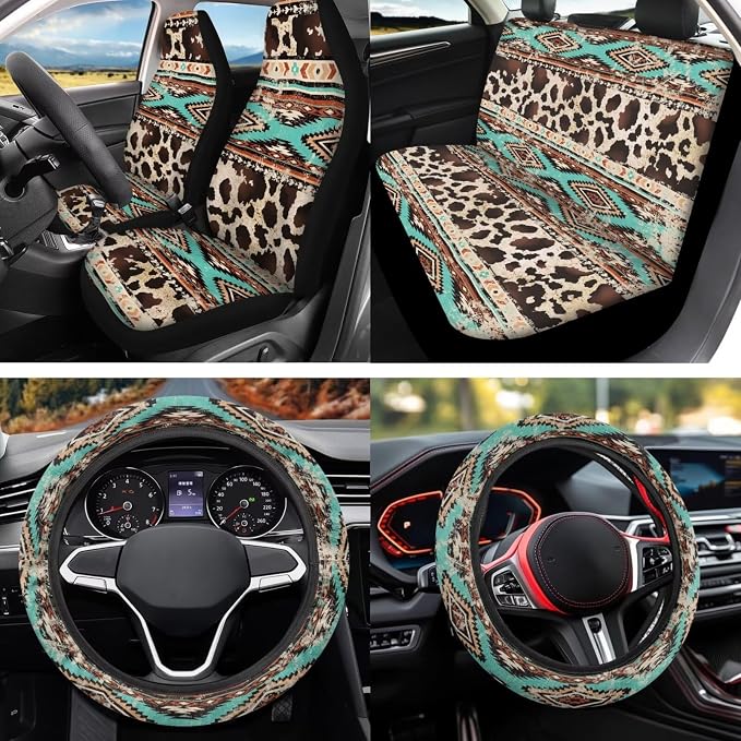 Brown Cow Print 12Pcs Car Seat Covers Full Set Car Seat Belt Cover Steering Wheel Cover Armrest Cushion Cup Coasters and Keychain Holder Suitable for Most Cars,SUV