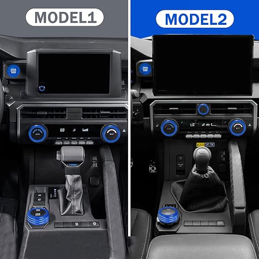Knob Covers for Toyota Tacoma Accessories 2024 2025 2026 8" or 14" Touchscreen Air Conditioner Engine Start Stop Button Ring Drive Mode Switch Audio Center Console Button Knob Cover 7 Pcs (Blue)