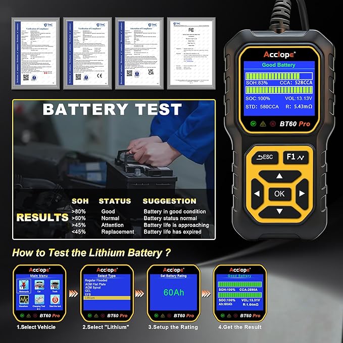 BT60 PRO Car Battery Tester 6V/12V/24V, 2–120Ah, 100–3000 CCA, AGM/Gel/Lithium, Alternator & Starter/Charging System Analyzer, QR Cloud Report (No App), Digital Analyzer