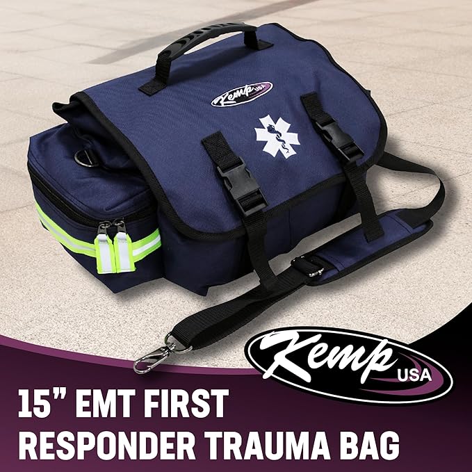 Kemp USA EMT First Responder Trauma Bag Navy Blue First Aid Survival Medical Gear Organizer High Visibility Reflector Emergency Response Kit