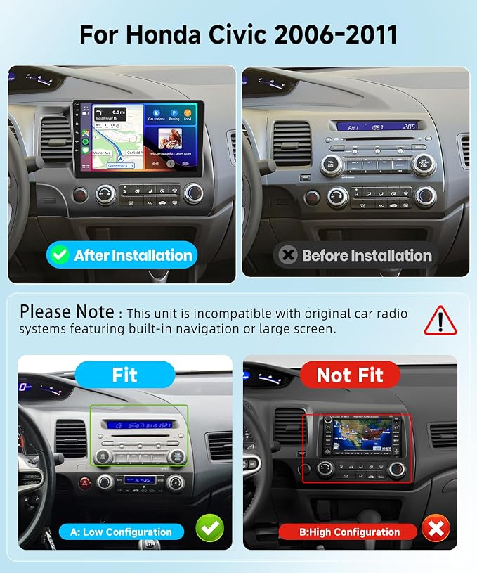 2G+64G Car Stereo Radio for Honda Civic 2006-2011 with Wireless CarPlay Android Auto, 10.1 Inch Android 13 Touch Screen Head Unit, HiFi Audio GPS Navigation WiFi Bluetooth SWC HD Backup Camera