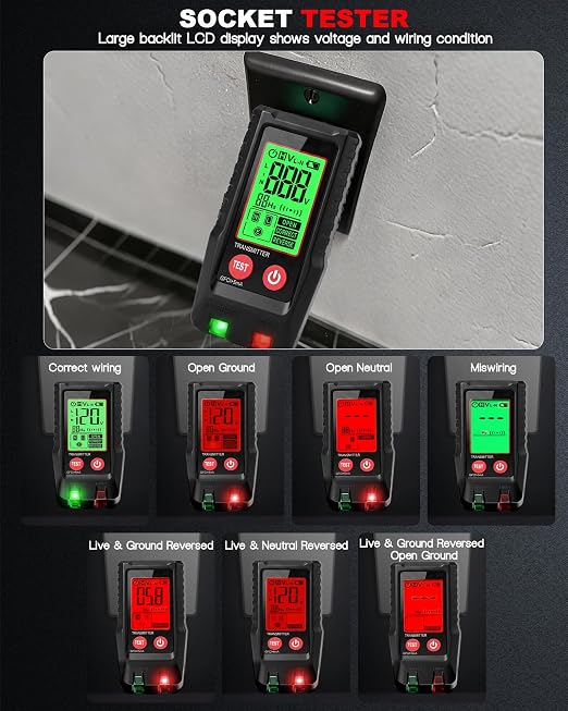 Circuit Breaker Finder with Outlet Tester, Quick GFCI, Voltage, AC 90-135V Electrical Circuit Tracer with Dual LCD Display, Batteries and Carrying Case