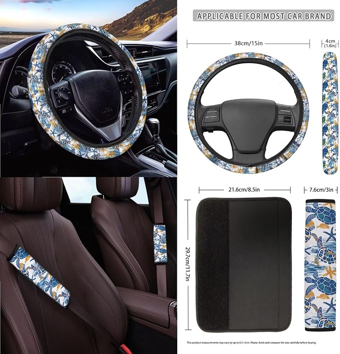 Sea Turtle Print 18Pcs Automotive Seat Covers & Accessories Full Set High Back Bucket Seat Covers for Car Front and Back Seats with Steering Wheel Cover Safety Belt Pads etc