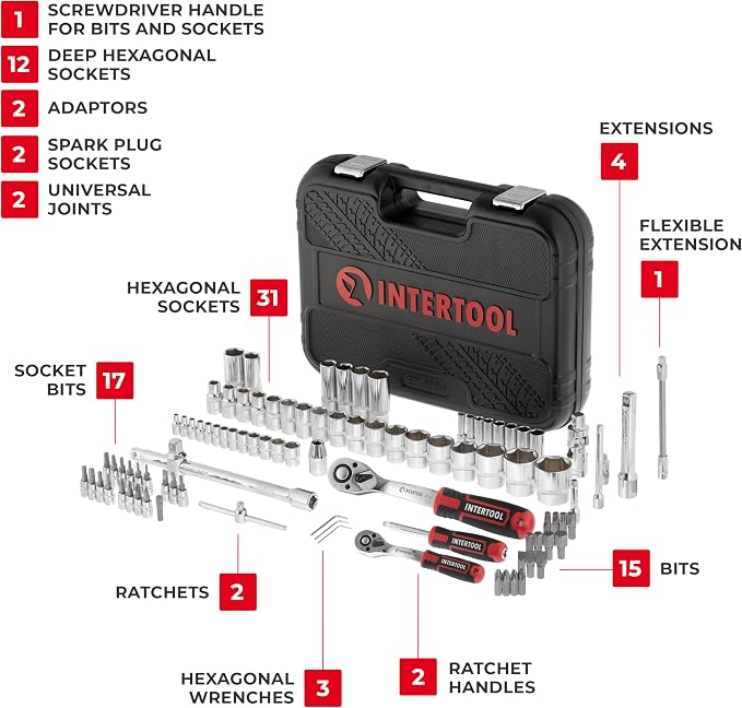 INTERTOOL Metric Socket Set 1/4” & 1/2” Drive 94-Piece 4-27 mm - for Auto Mechanics & DIY - Quick Release Ratchets, Socket Bits, Adapters, Hard Case - Tool Gift - ET08-8094