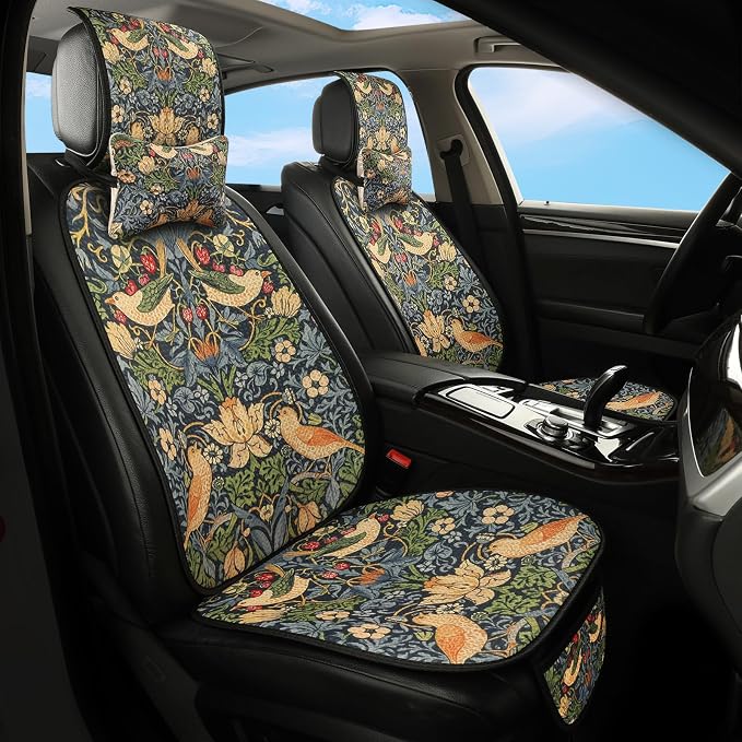 Luxury Boho Car Seat Covers Set,5-Seat Full Set with Headrest,William Morris Vintage Bohemian Floral Pattern Honeycomb Knit Fabric,Breathable&All-Season Universal Automotive Seat Protectors