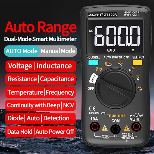ZOYI Digital Multimeter, True RMS Auto-Ranging 6000 Counts with NCV. 750V AC, 1000V DC auto Identification, Data Hold, Resistance, Capacitance, Diode, Frequency and Temperature Measurement