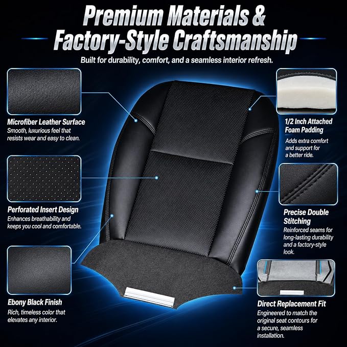 FZJDSD Black#194 196 197 Driver or Passenger Side Bottom & Top Back Microfiber Leather Replacement Seat Covers Compatible with Cadillac Escalade 2007-2014,Chevy Tahoe Suburban Silverado GMC Yukon