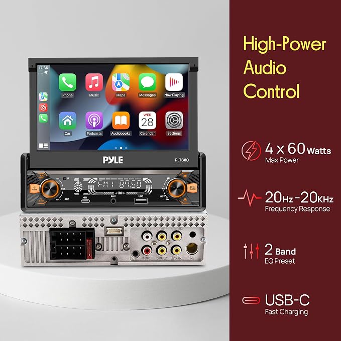 Pyle 7" Single DIN Car Stereo | Apple CarPlay & Android Auto, Flip-Out 7-Inch IPS Touchscreen, Bluetooth, 1080p Backup Camera, AM/FM, USB, 240 W | Single DIN Head Unit Receiver