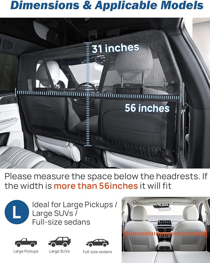 JOYTUTUS 56" Wide Dog Car Barrier with Removable Visual Window, Car Barrier for SUV Escape-Proof, Net for Behind Front Seats, Vehicle Gate for Dog Travel, Ideal for Sedans SUVs Trucks